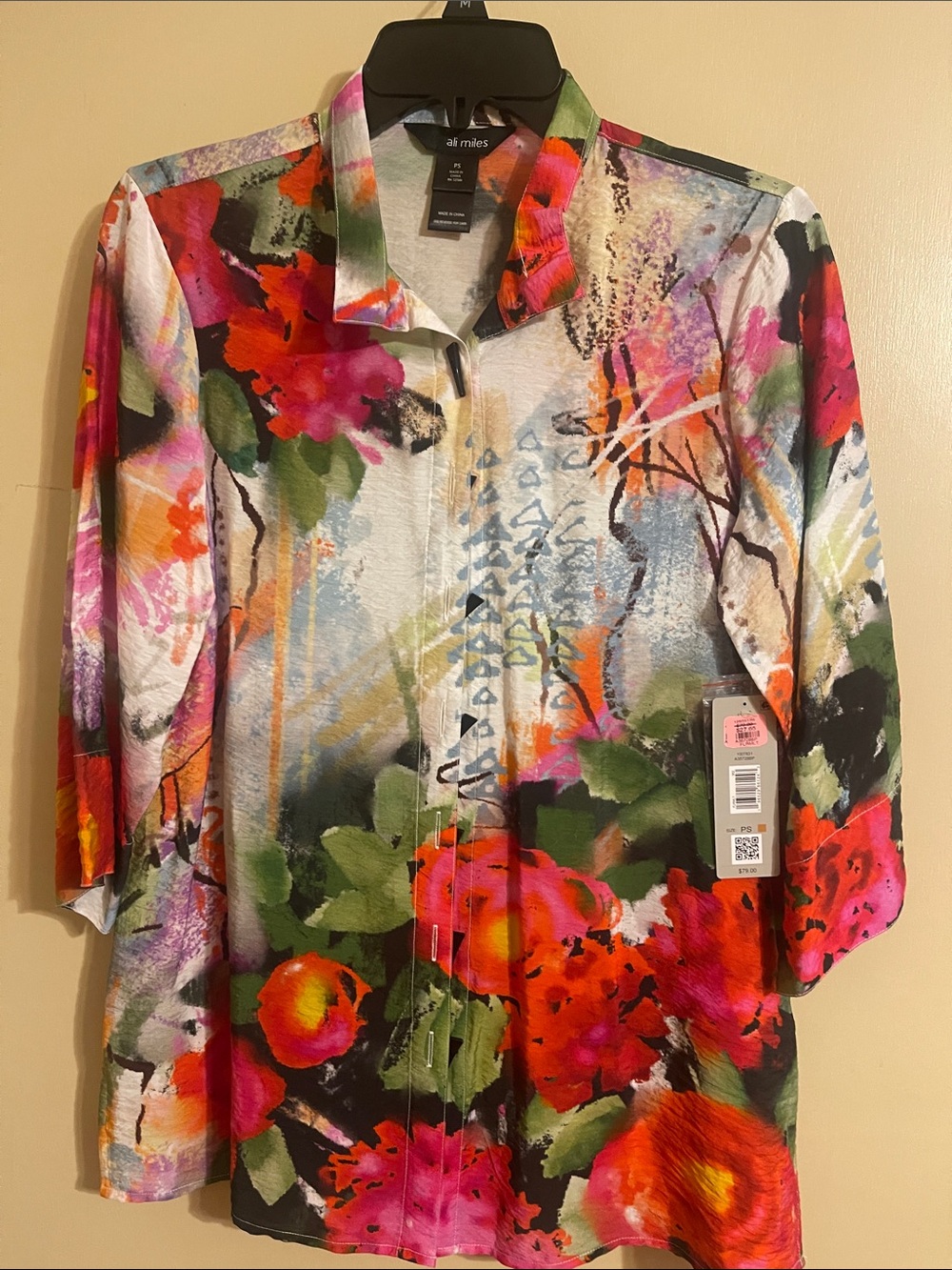 Ali Miles Multicolor Floral Button-Down Shirt - Pink, Orange, Green, Black